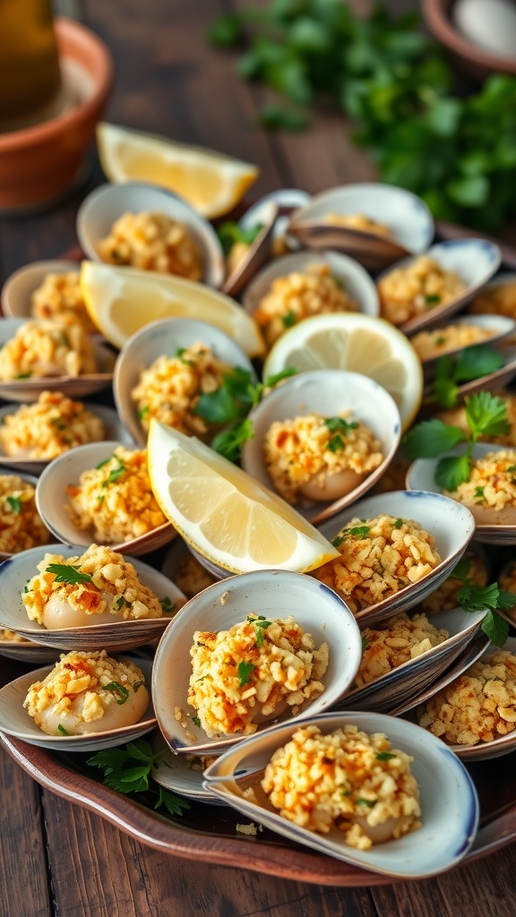 Baked clams with garlic butter and breadcrumbs on a serving platter, garnished with lemon wedges.
